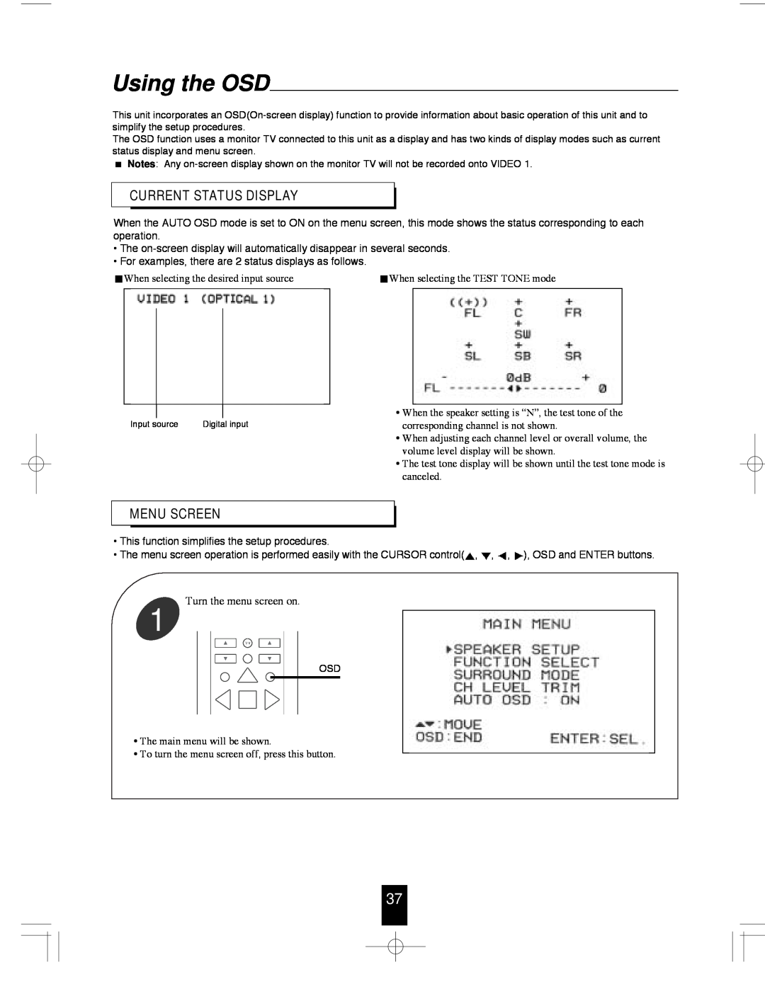 Sherwood R-765 manual Using the OSD, Current Status Display, Menu Screen 