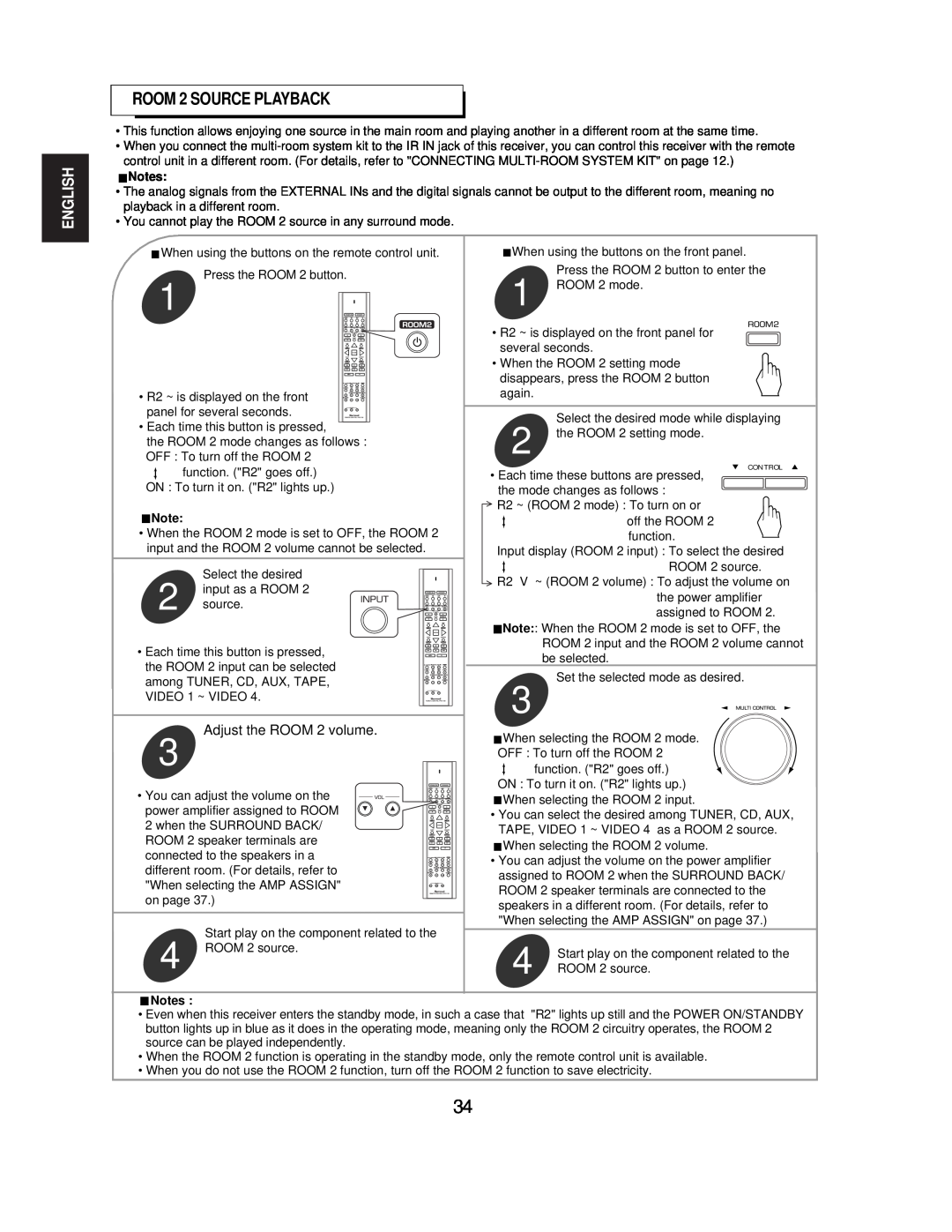 Sherwood R-771 manual ROOM 2 SOURCE PLAYBACK, English, Adjust the ROOM 2 volume 