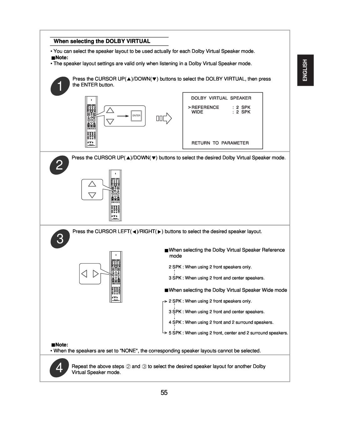 Sherwood R-771 manual When selecting the DOLBY VIRTUAL, English 