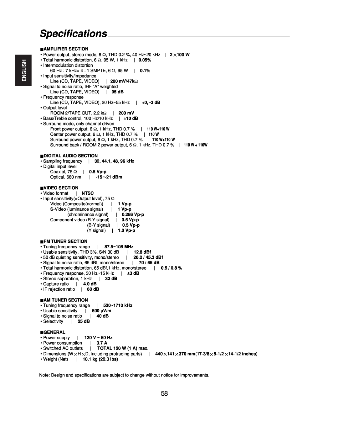 Sherwood R-771 manual Specifications, English 