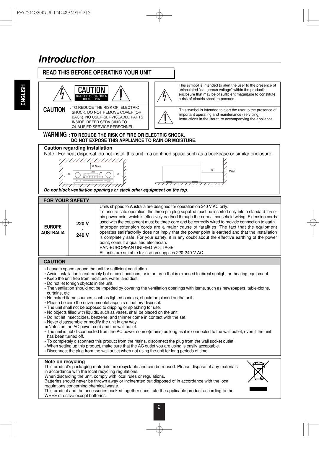 Sherwood R-772 manuel dutilisation Introduction, Read this Before Operating Your Unit, 220 240 