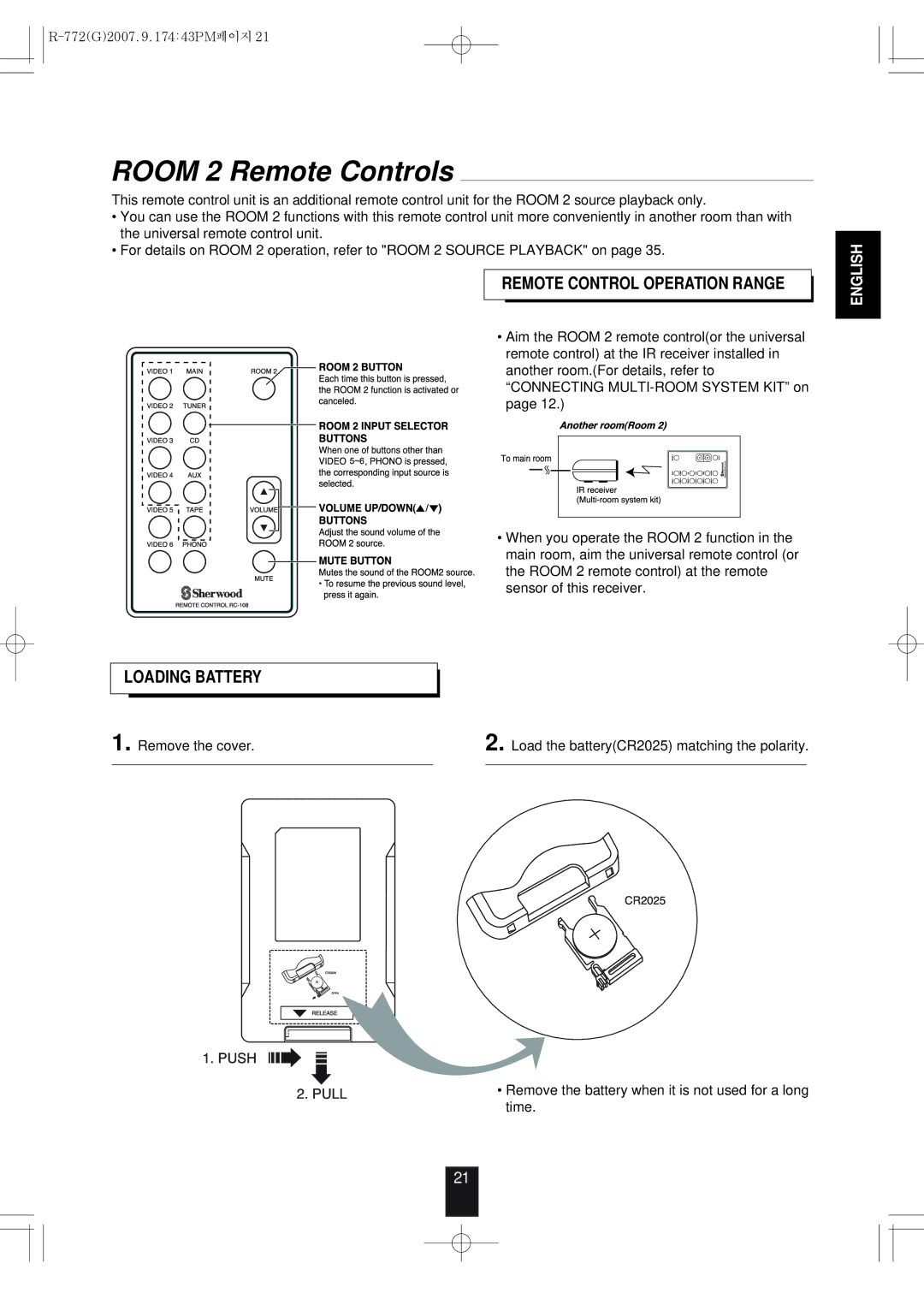 Sherwood R-772 manuel dutilisation Room 2 Remote Controls, Remote Control Operation Range, Loading Battery 