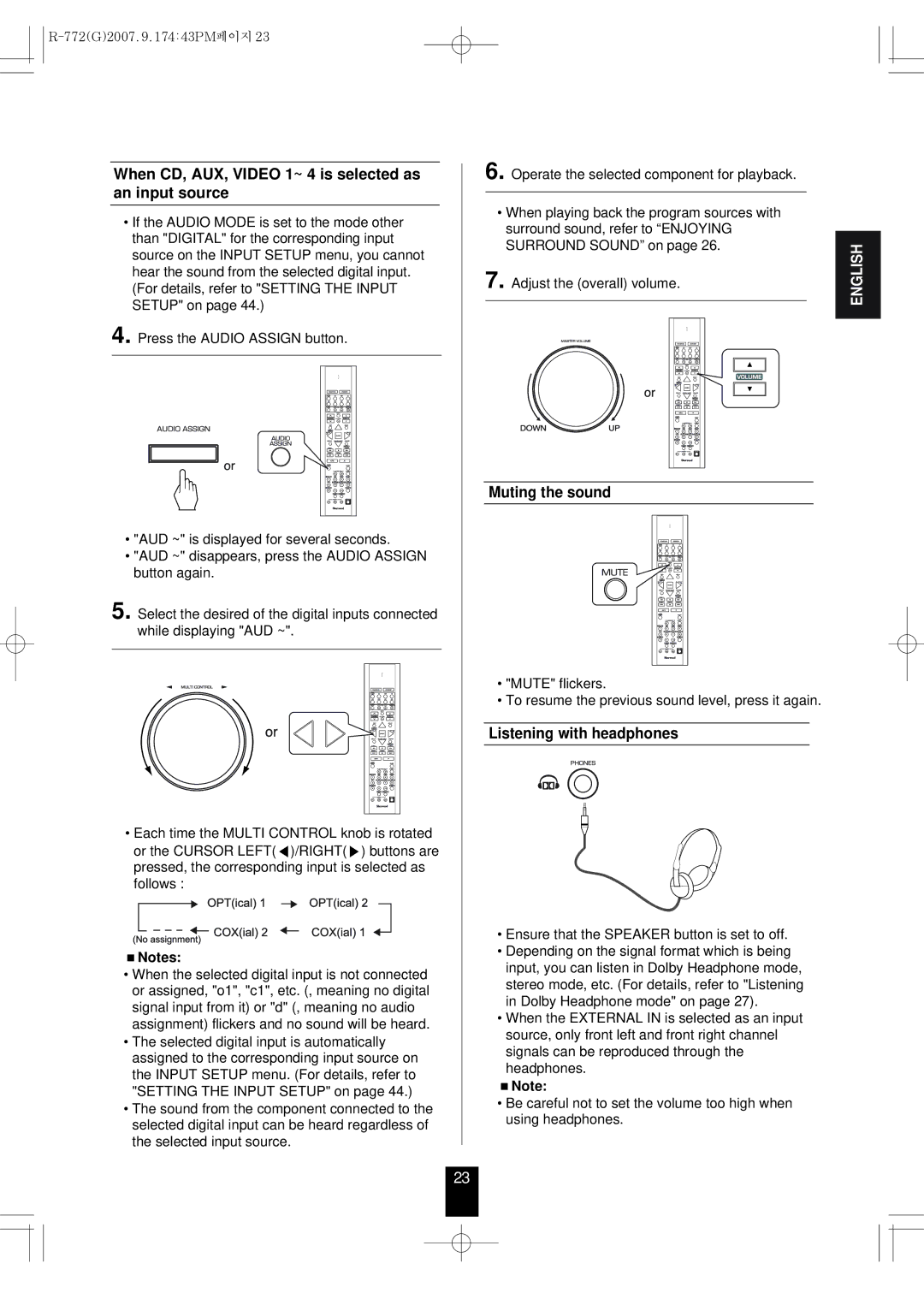 Sherwood R-772 When CD, AUX, Video 1~ 4 is selected as an input source, Muting the sound, Listening with headphones 