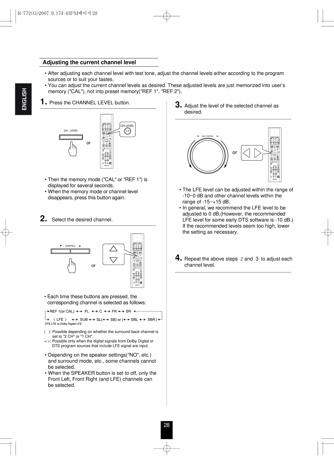 Sherwood R-772 manuel dutilisation Adjusting the current channel level, Select the desired channel 