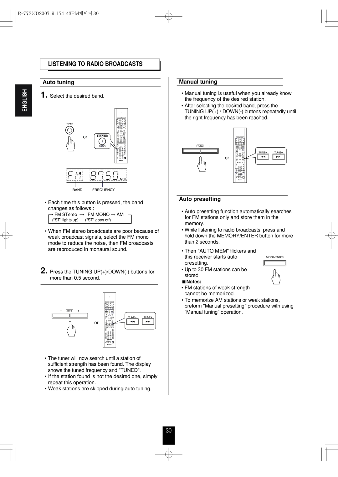 Sherwood R-772 manuel dutilisation Listening to Radio Broadcasts, Auto tuning, Manual tuning, Auto presetting 