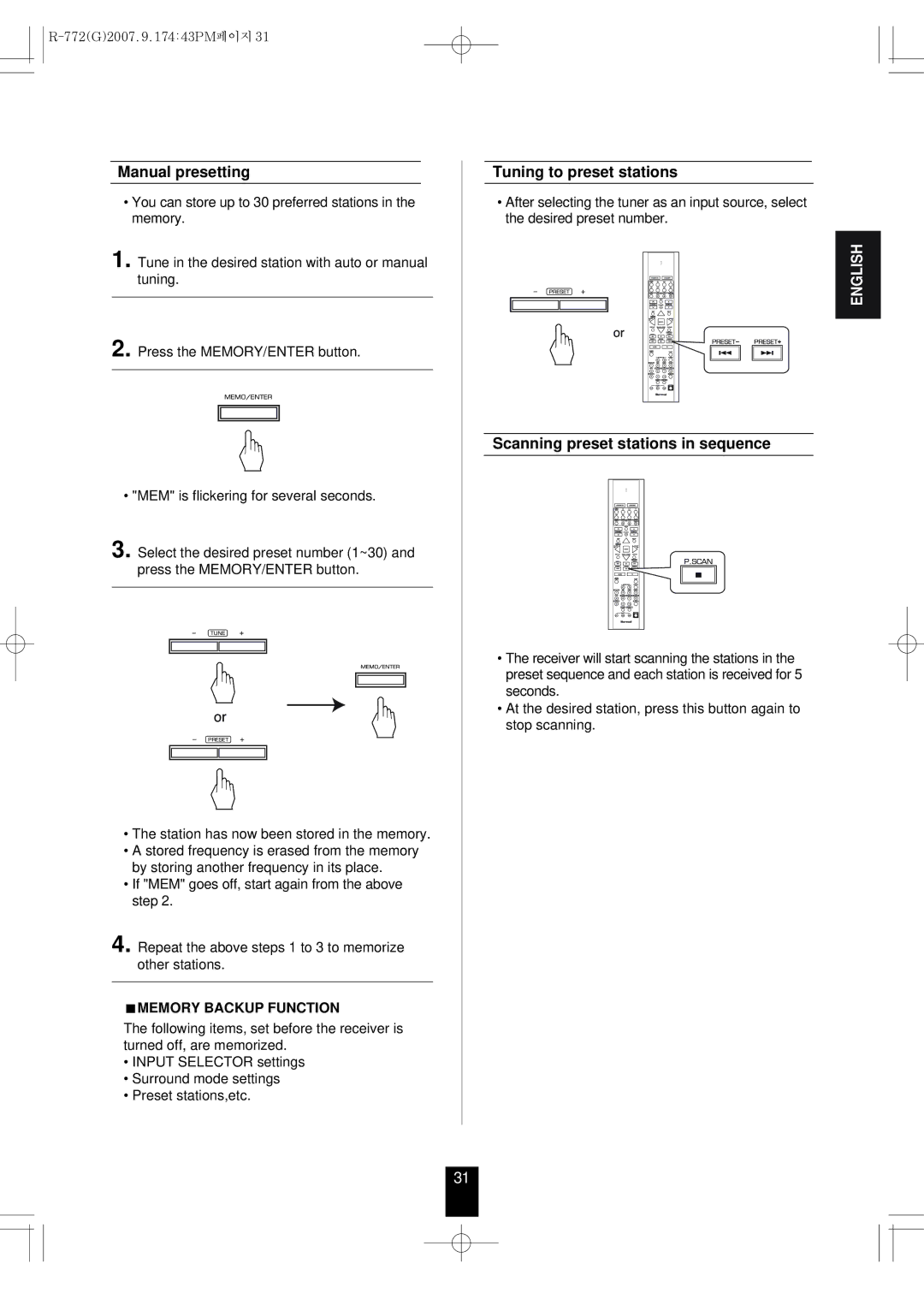 Sherwood R-772 manuel dutilisation Manual presetting, Tuning to preset stations, Scanning preset stations in sequence 