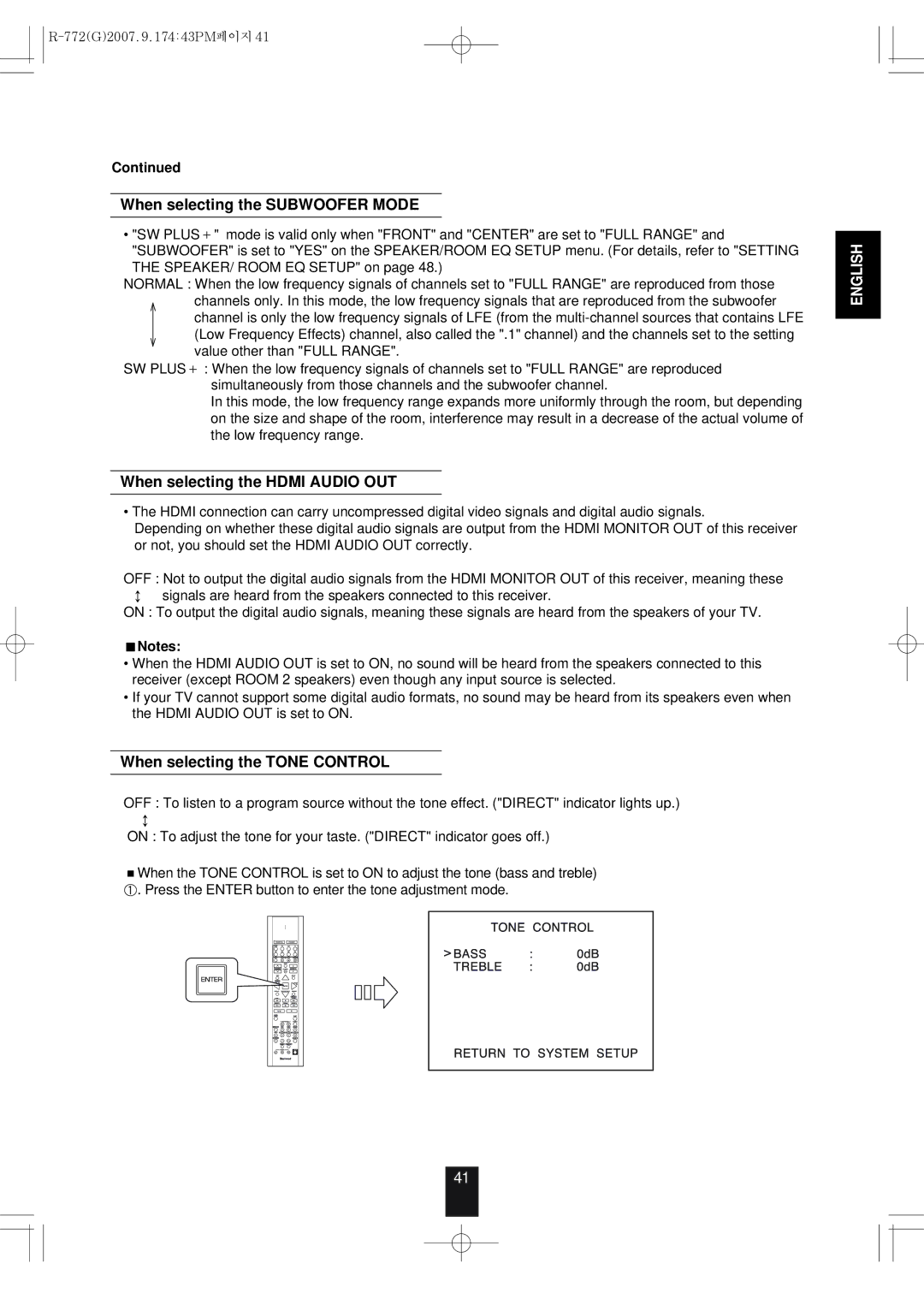 Sherwood R-772 When selecting the Subwoofer Mode, When selecting the Hdmi Audio OUT, When selecting the Tone Control 