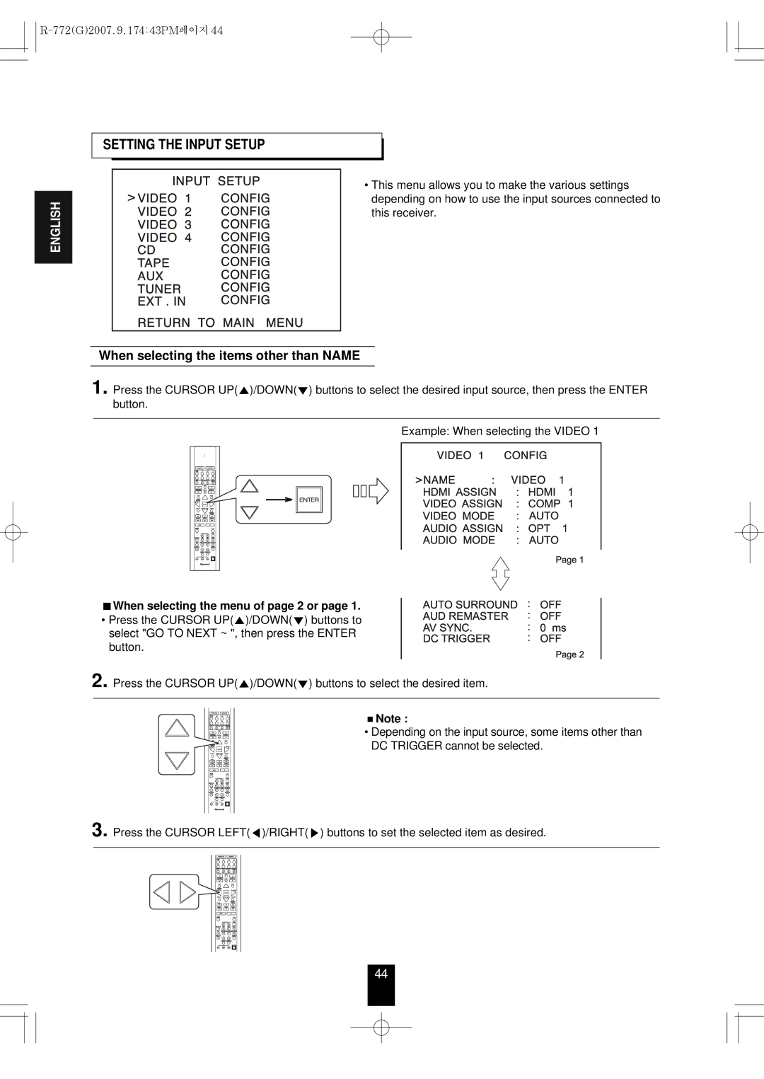 Sherwood R-772 Setting the Input Setup, When selecting the items other than Name, When selecting the menu of page 2 or 