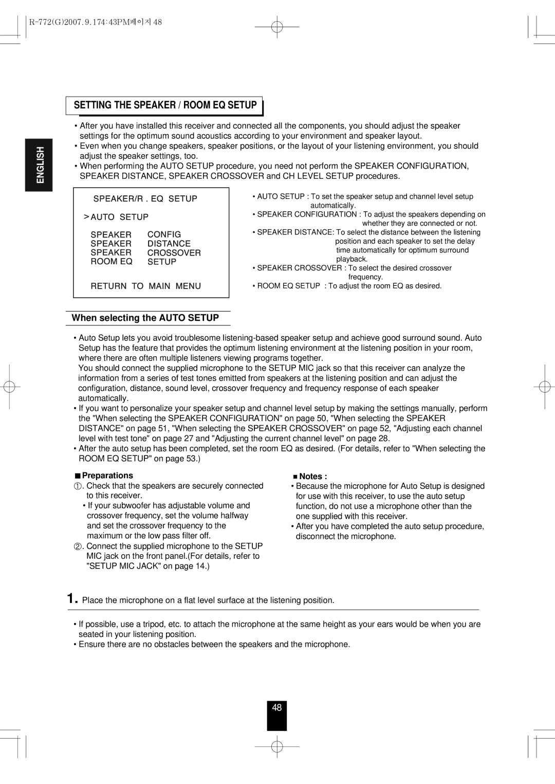 Sherwood R-772 manuel dutilisation Setting the Speaker / Room EQ Setup, When selecting the Auto Setup, Preparations 
