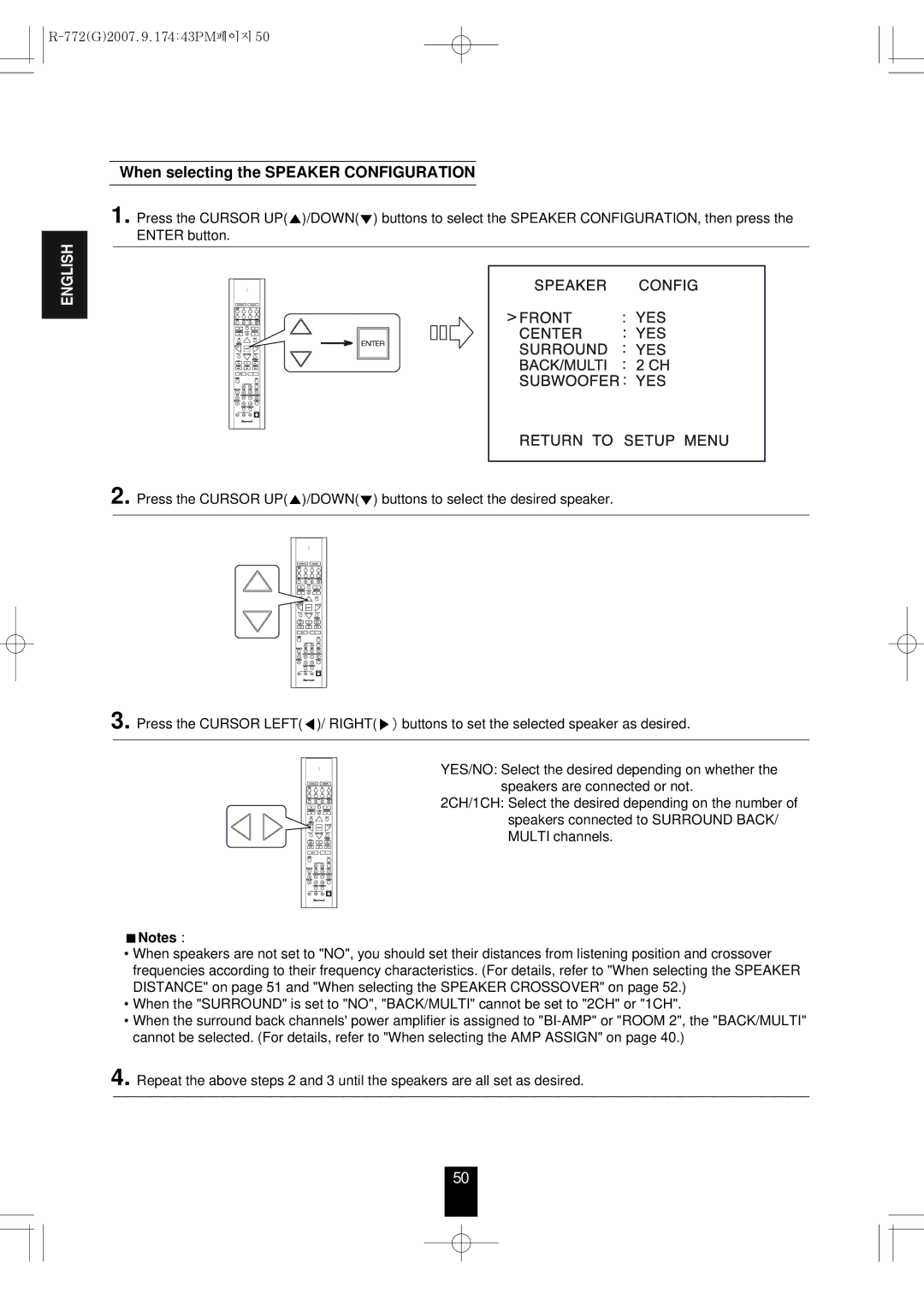 Sherwood R-772 manuel dutilisation When selecting the Speaker Configuration 