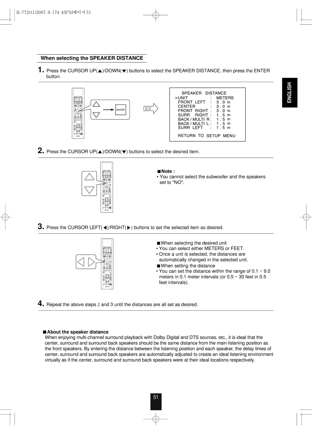 Sherwood R-772 manuel dutilisation When selecting the Speaker Distance, About the speaker distance 