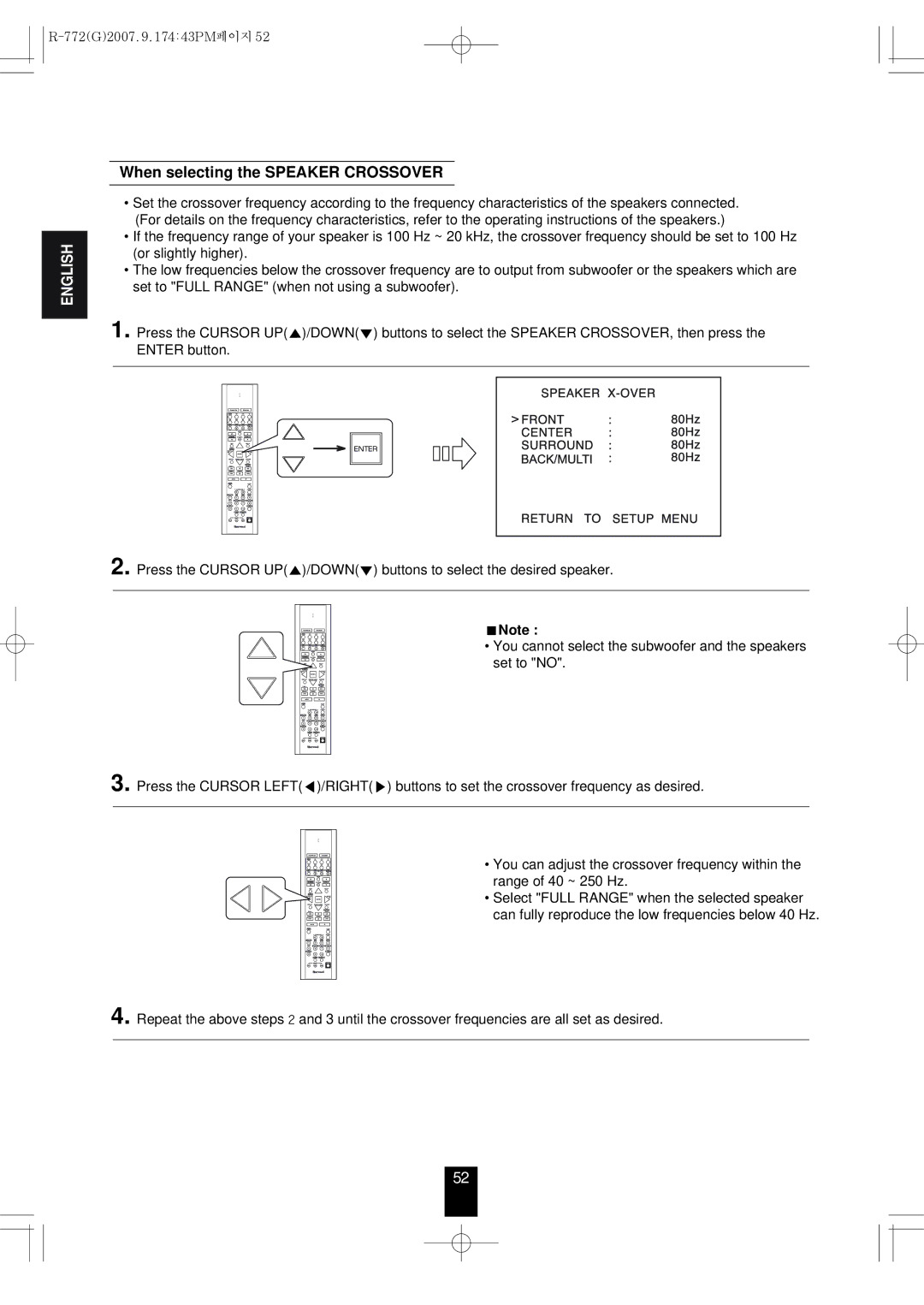 Sherwood R-772 manuel dutilisation When selecting the Speaker Crossover 