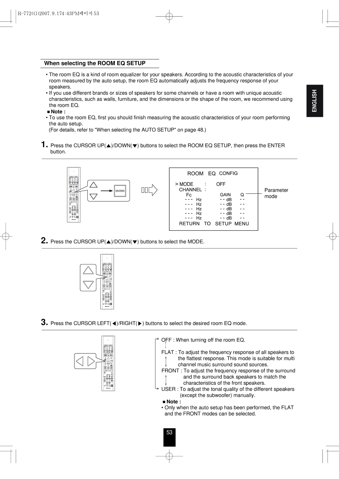 Sherwood R-772 manuel dutilisation When selecting the Room EQ Setup 