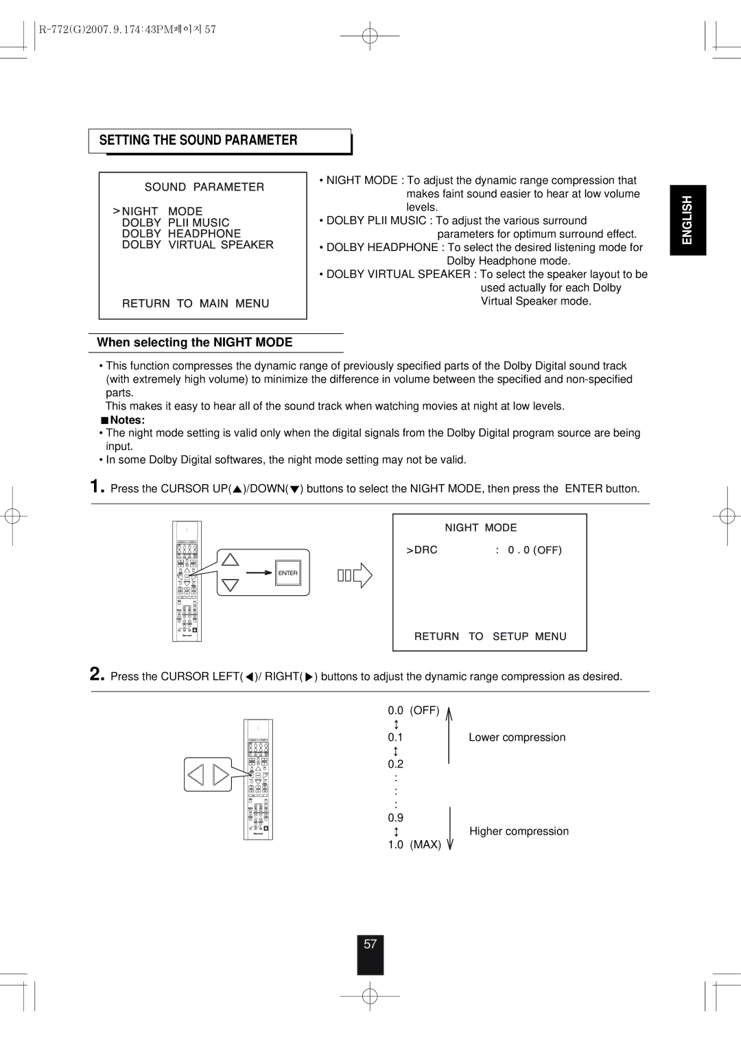 Sherwood R-772 manuel dutilisation Setting the Sound Parameter, When selecting the Night Mode 