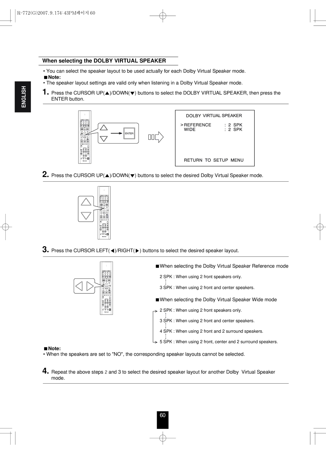 Sherwood R-772 manuel dutilisation When selecting the Dolby Virtual Speaker Wide mode 