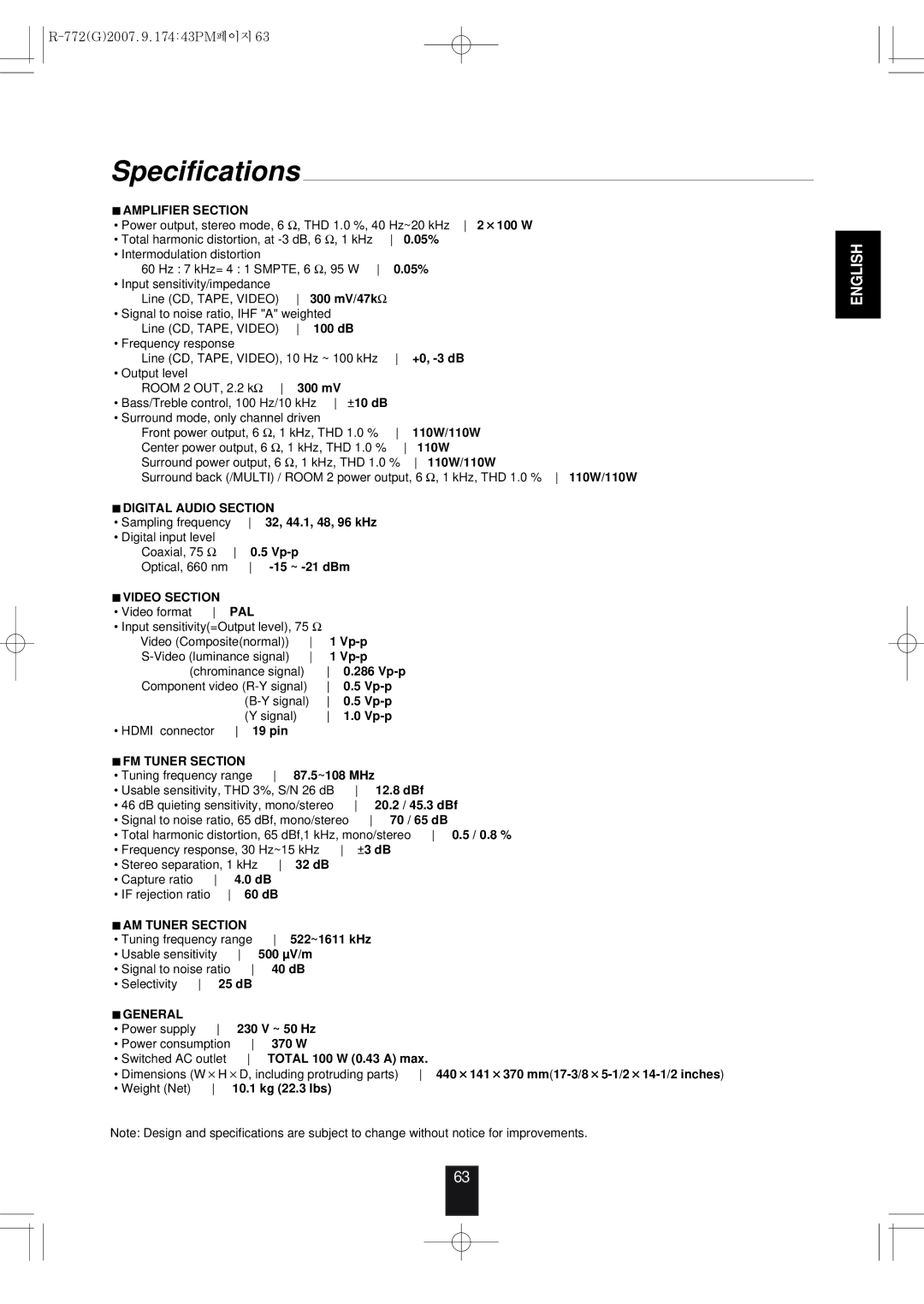 Sherwood R-772 manuel dutilisation Specifications, Amplifier Section 