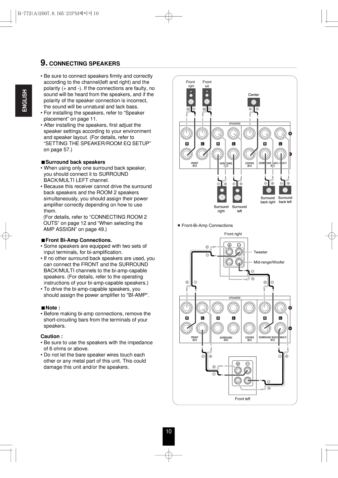 Sherwood R-772 Connecting Speakers, For installing the speakers, refer to Speaker placement on, Surround back speakers 