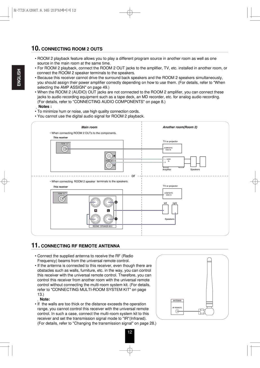 Sherwood R-772 manual Connecting Room 2 Outs, Connecting RF Remote Antenna 