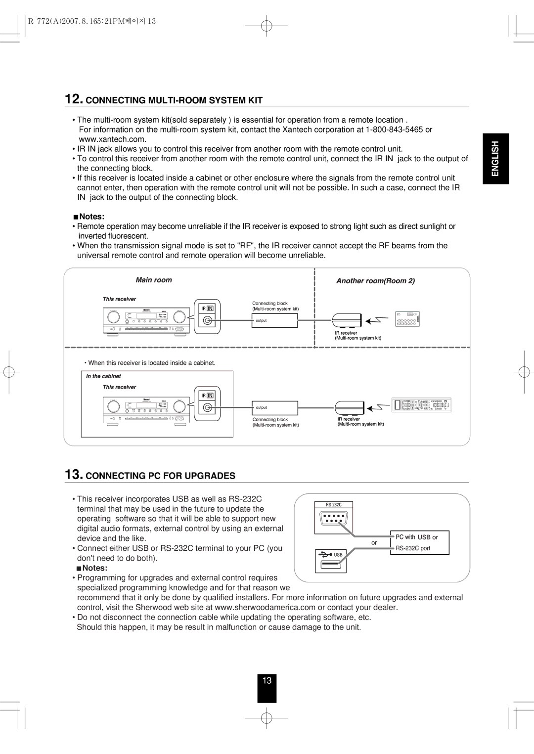 Sherwood R-772 manual Connecting MULTI-ROOM System KIT, Connecting PC for Upgrades 