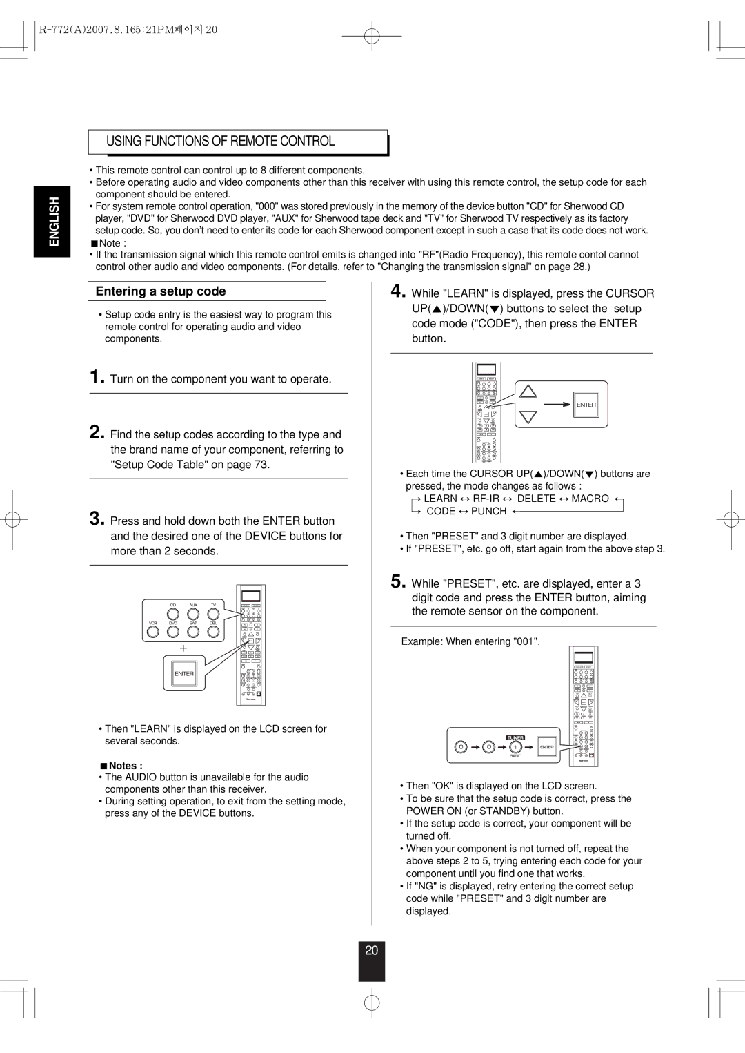 Sherwood R-772 manual Entering a setup code, Learn RF-IR Delete Macro Code Punch 