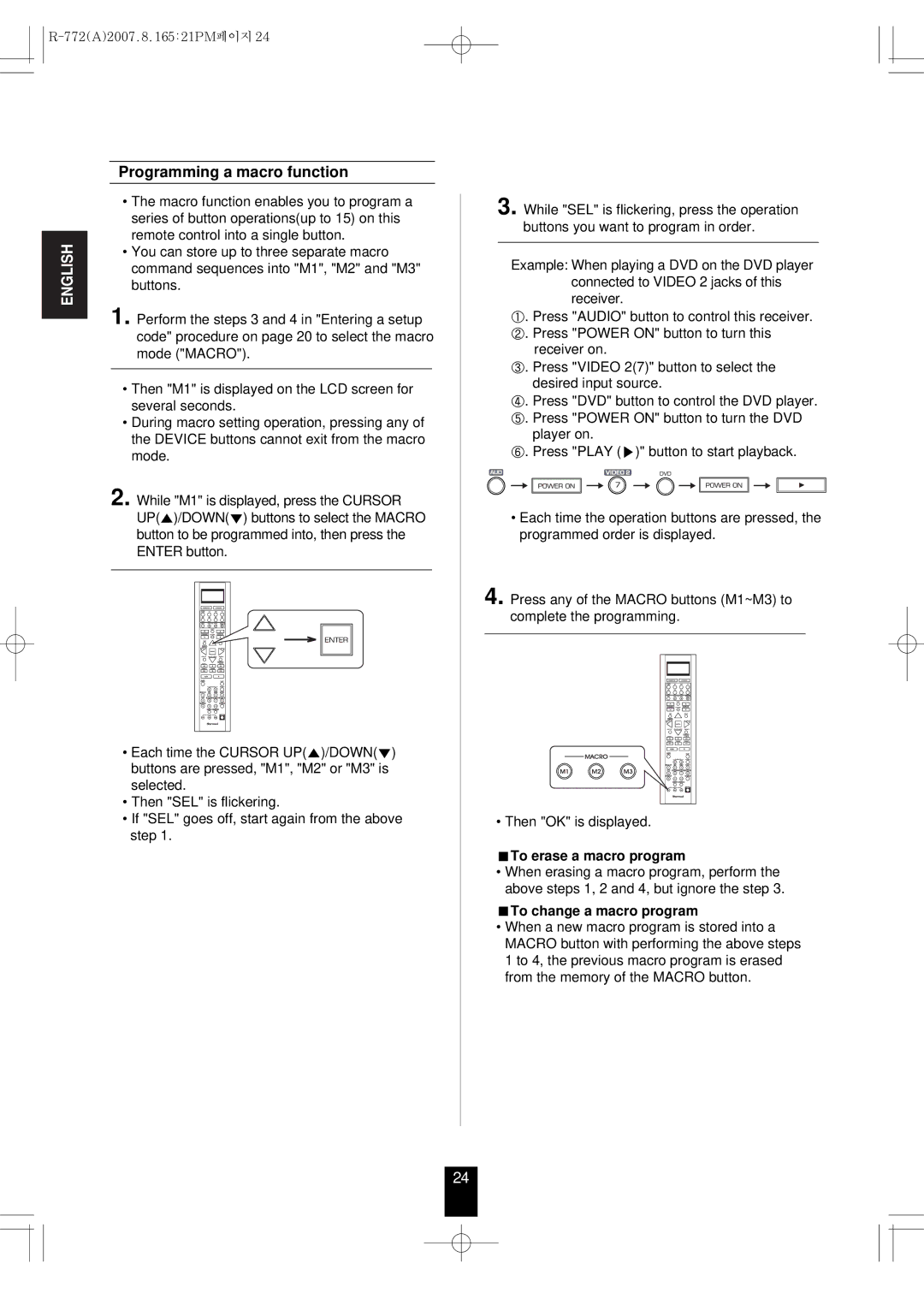 Sherwood R-772 manual Programming a macro function, To erase a macro program, To change a macro program 