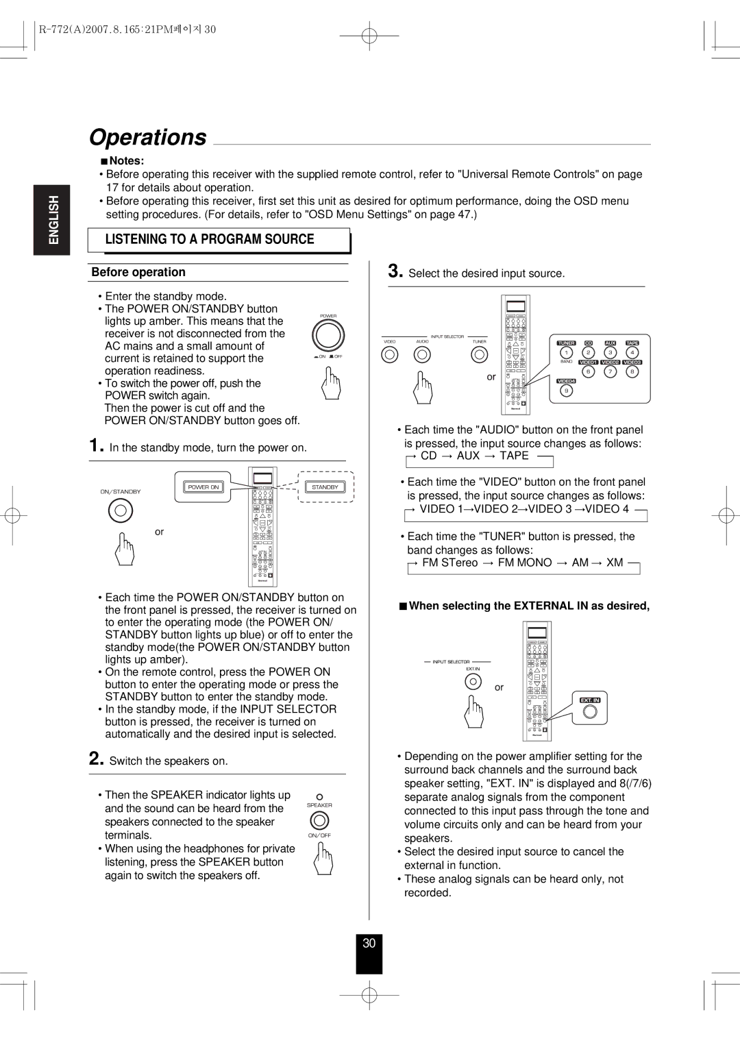 Sherwood R-772 manual Operations, Listening to a Program Source, Before operation, Select the desired input source 