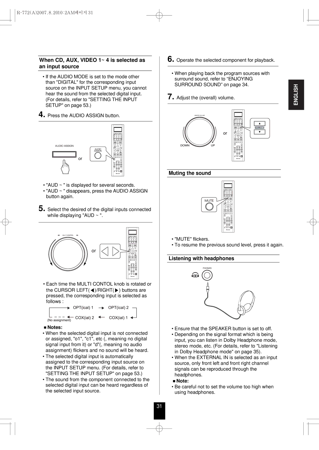 Sherwood R-772 manual When CD, AUX, Video 1~ 4 is selected as an input source, Muting the sound, Listening with headphones 