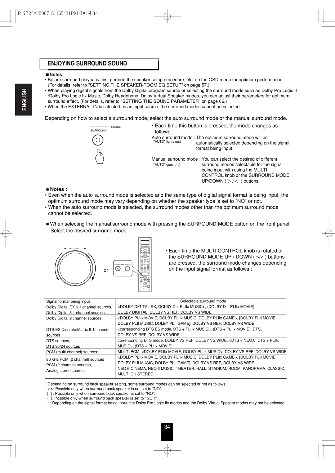 Sherwood R-772 manual Enjoying Surround Sound, Dolby DIGITAL, Dolby VS REF, Dolby VS Wide 