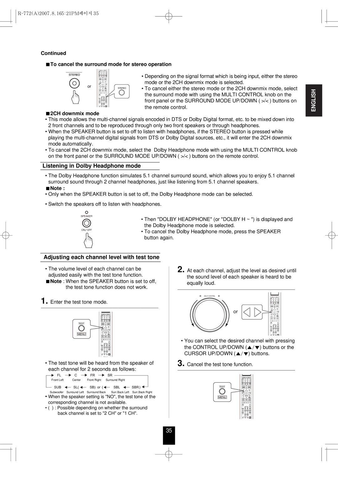 Sherwood R-772 manual Listening in Dolby Headphone mode, Adjusting each channel level with test tone, 2CH downmix mode 