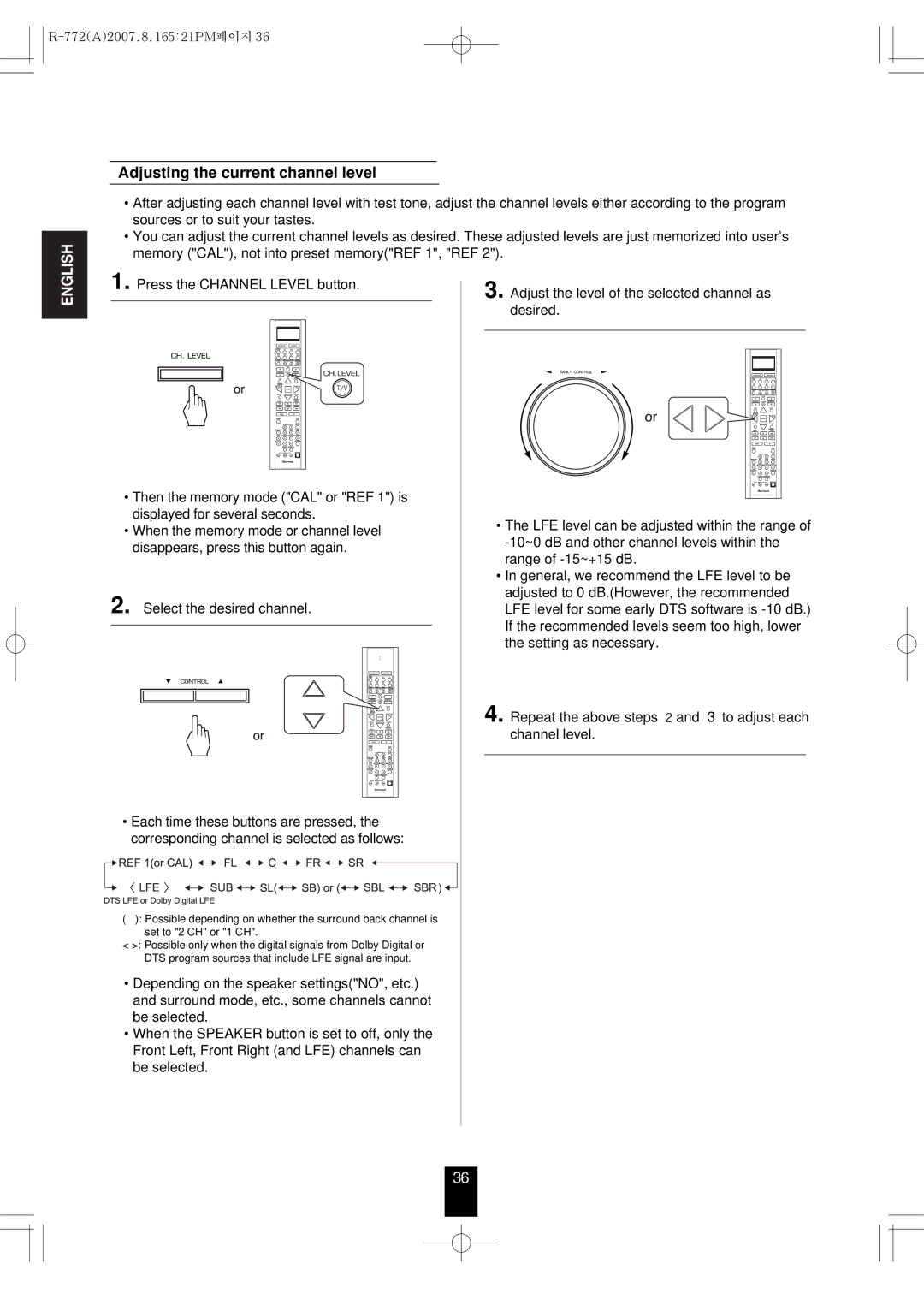 Sherwood R-772 manual Adjusting the current channel level, Select the desired channel 