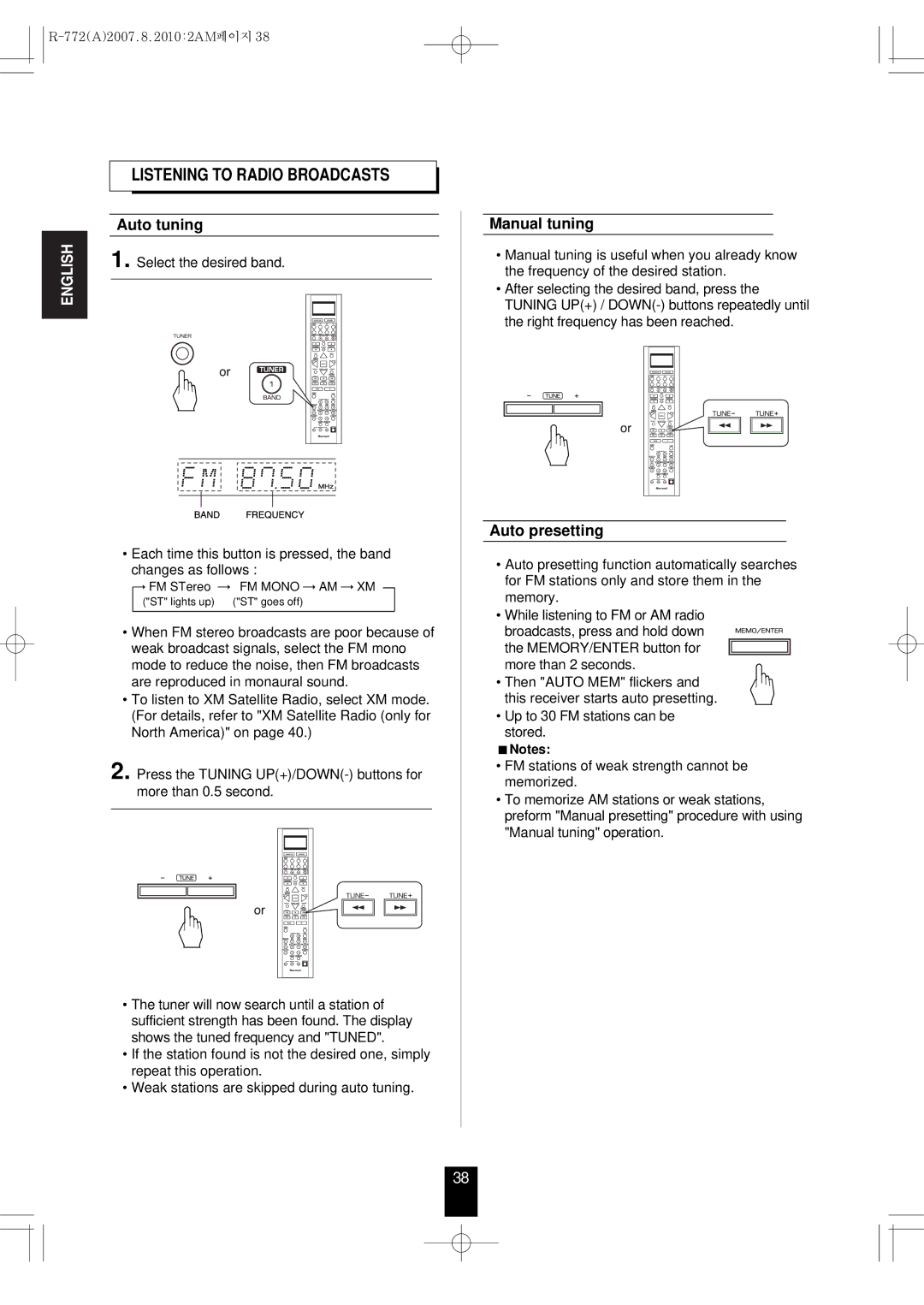 Sherwood R-772 manual Listening to Radio Broadcasts, Auto tuning, Manual tuning, Auto presetting 