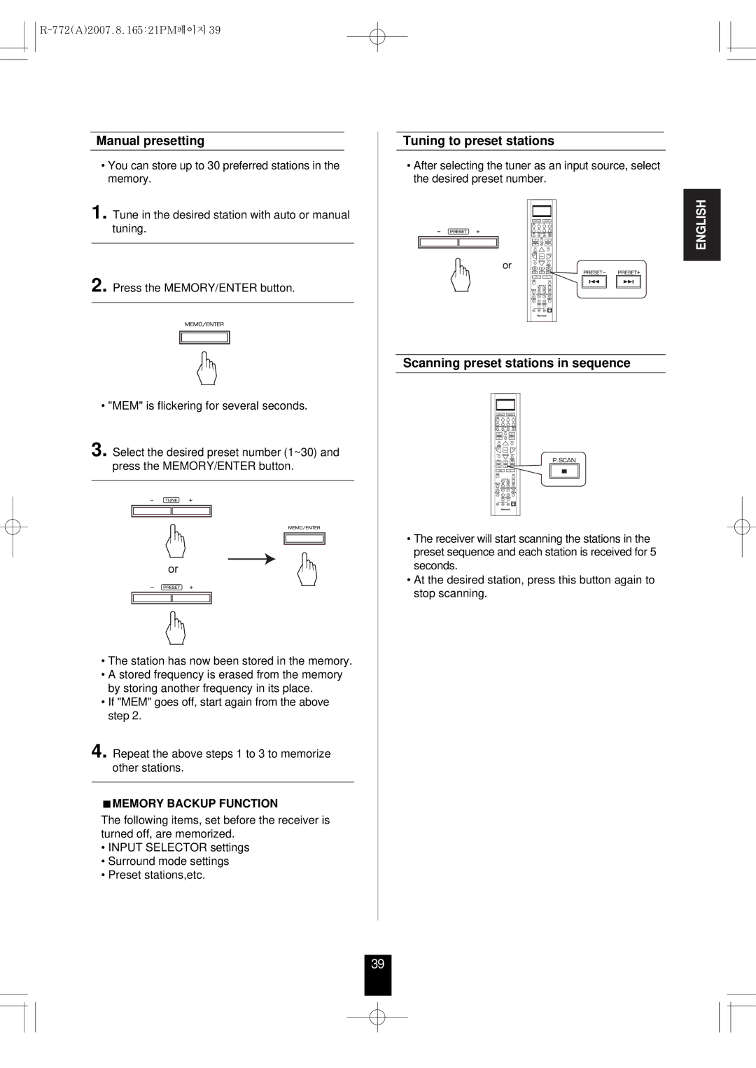 Sherwood R-772 manual Manual presetting, Tuning to preset stations, Scanning preset stations in sequence 