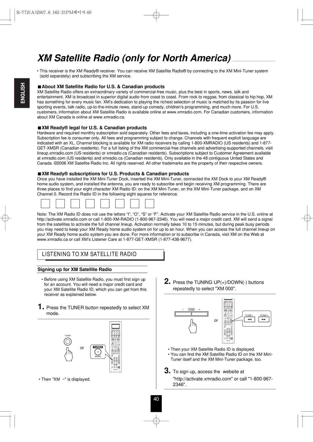 Sherwood R-772 manual XM Satellite Radio only for North America, Signing up for XM Satellite Radio 
