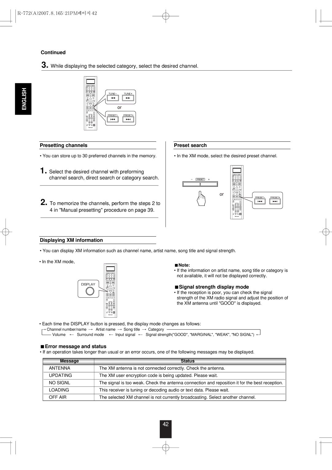 Sherwood R-772 manual Presetting channels Preset search, Displaying XM information, Signal strength display mode 