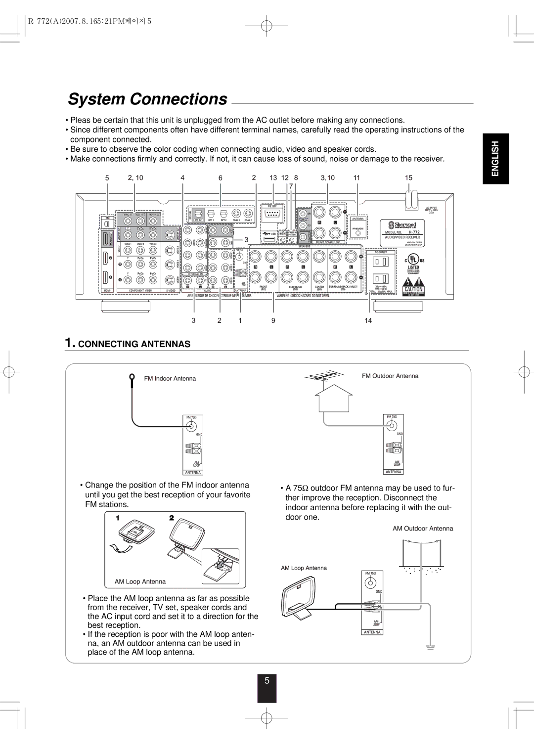 Sherwood R-772 manual System Connections, Connecting Antennas 