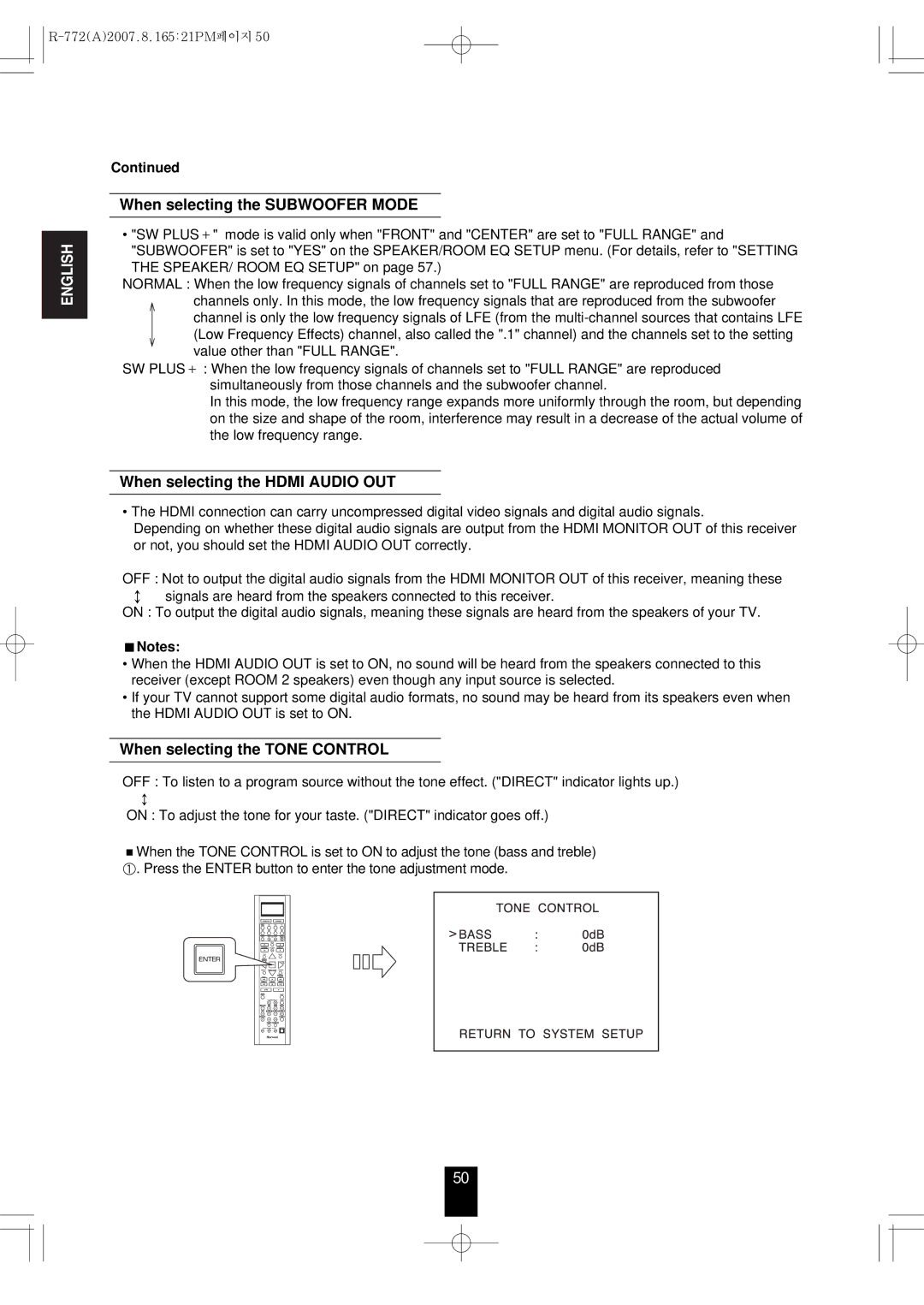 Sherwood R-772 manual When selecting the Subwoofer Mode, When selecting the Hdmi Audio OUT, When selecting the Tone Control 