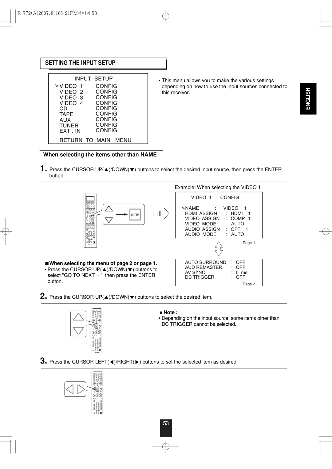 Sherwood R-772 Setting the Input Setup, When selecting the items other than Name, When selecting the menu of page 2 or 