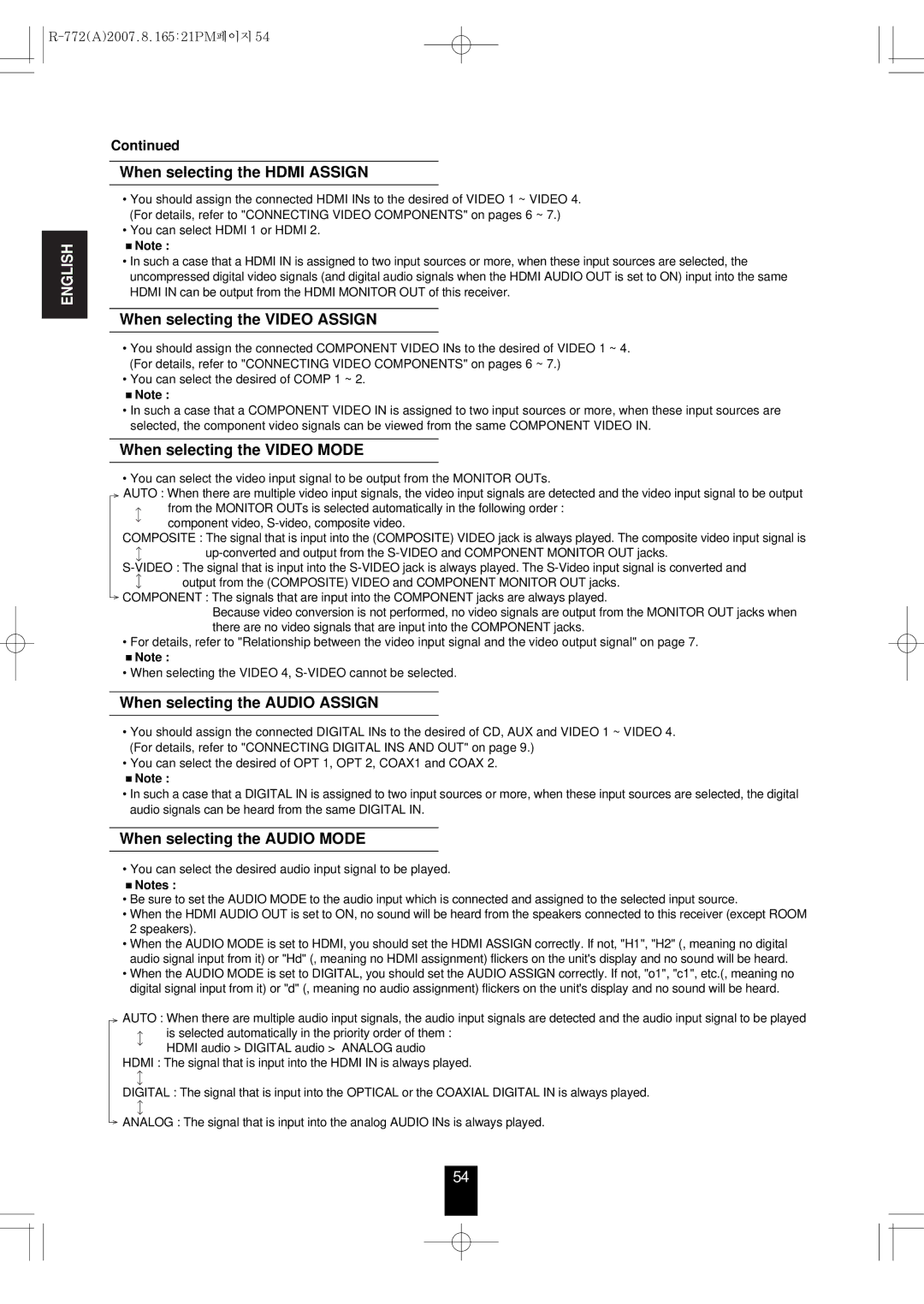 Sherwood R-772 manual When selecting the Hdmi Assign, When selecting the Video Assign, When selecting the Video Mode 