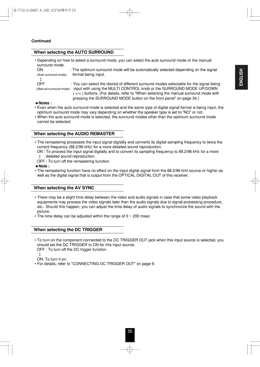 Sherwood R-772 manual When selecting the Auto Surround, When selecting the Audio Remaster, When selecting the AV Sync 