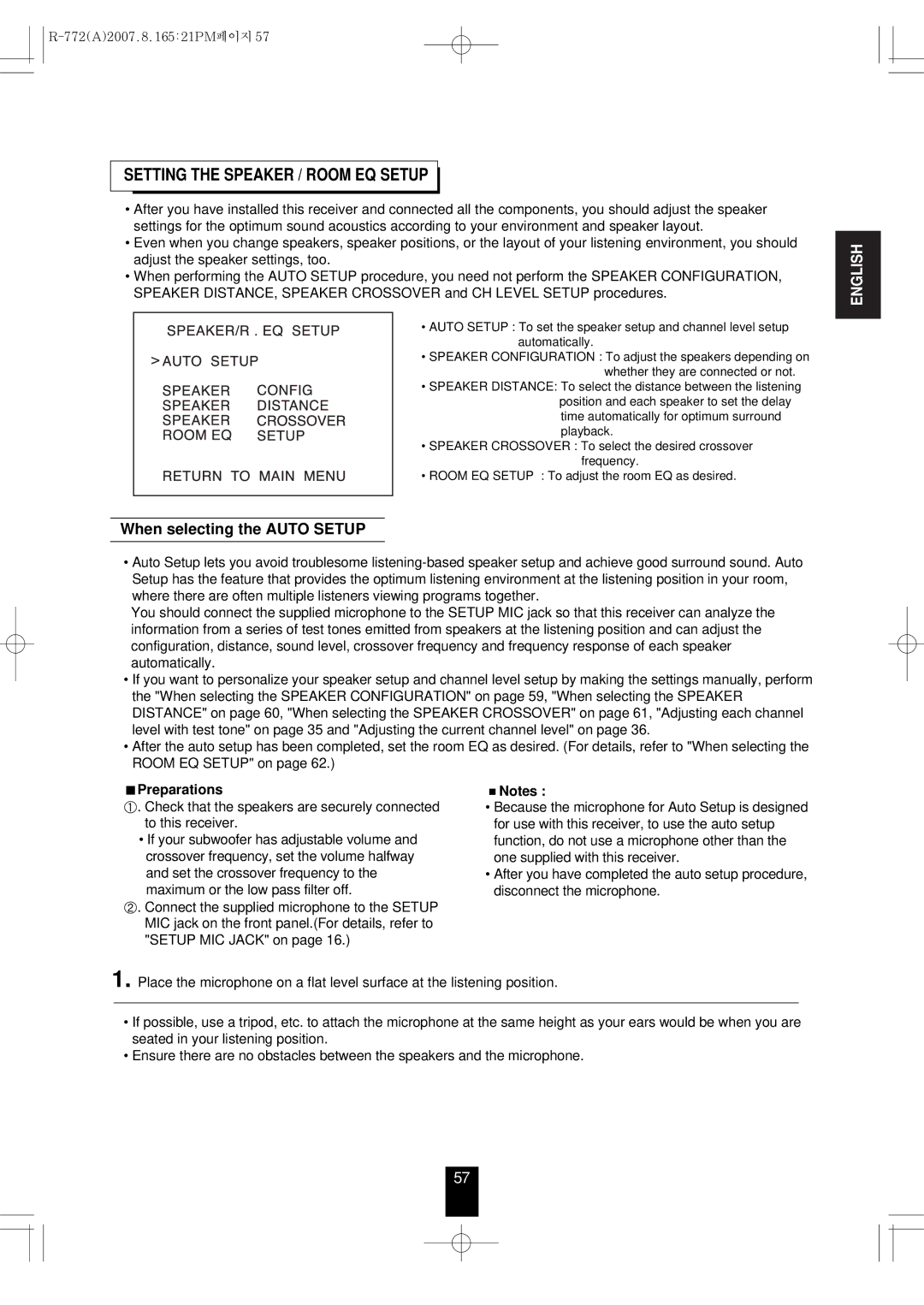 Sherwood R-772 manual Setting the Speaker / Room EQ Setup, When selecting the Auto Setup, Preparations 