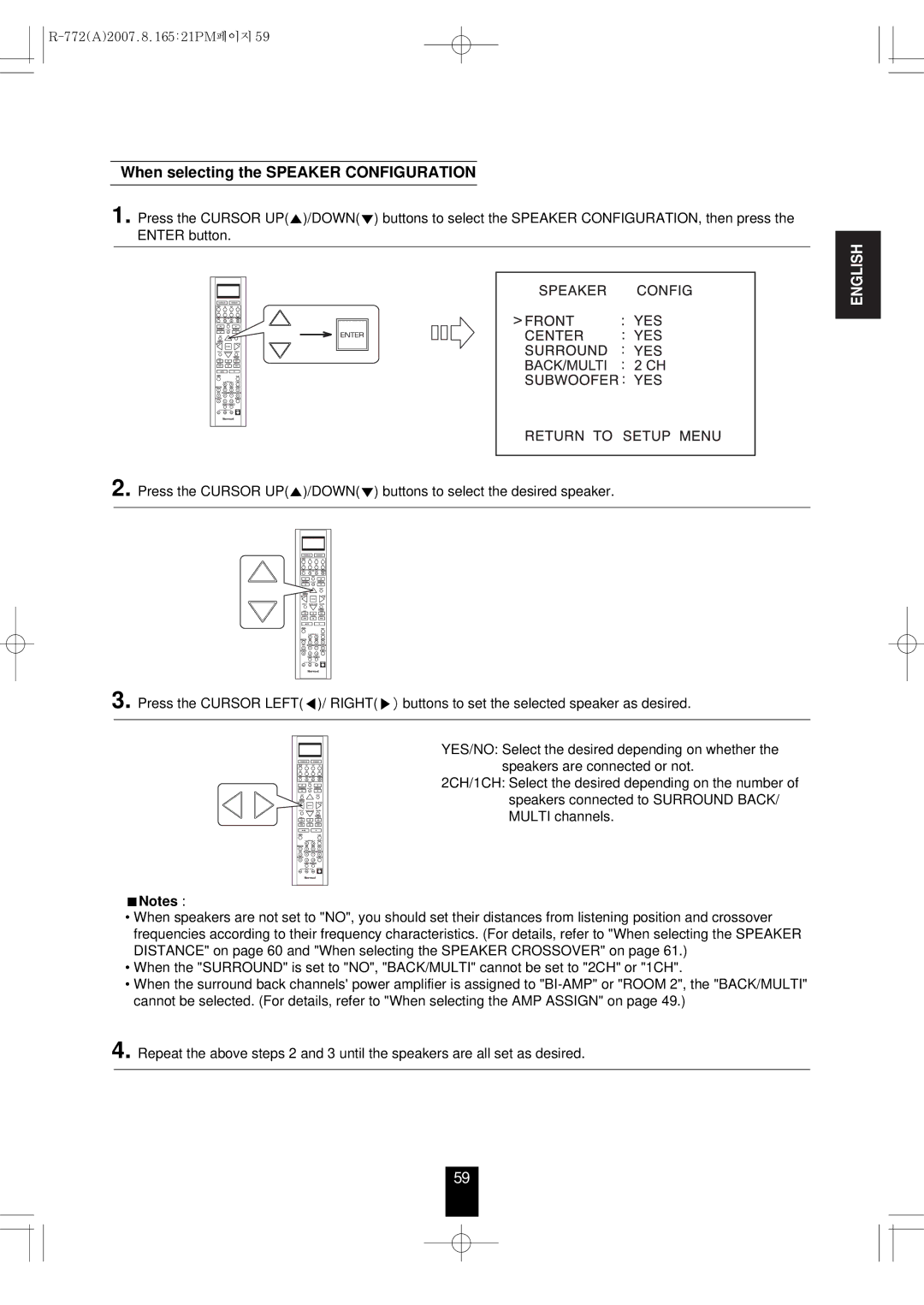 Sherwood R-772 manual When selecting the Speaker Configuration 