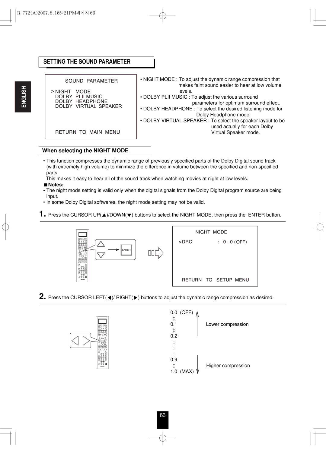 Sherwood R-772 manual Setting the Sound Parameter, When selecting the Night Mode, Max 