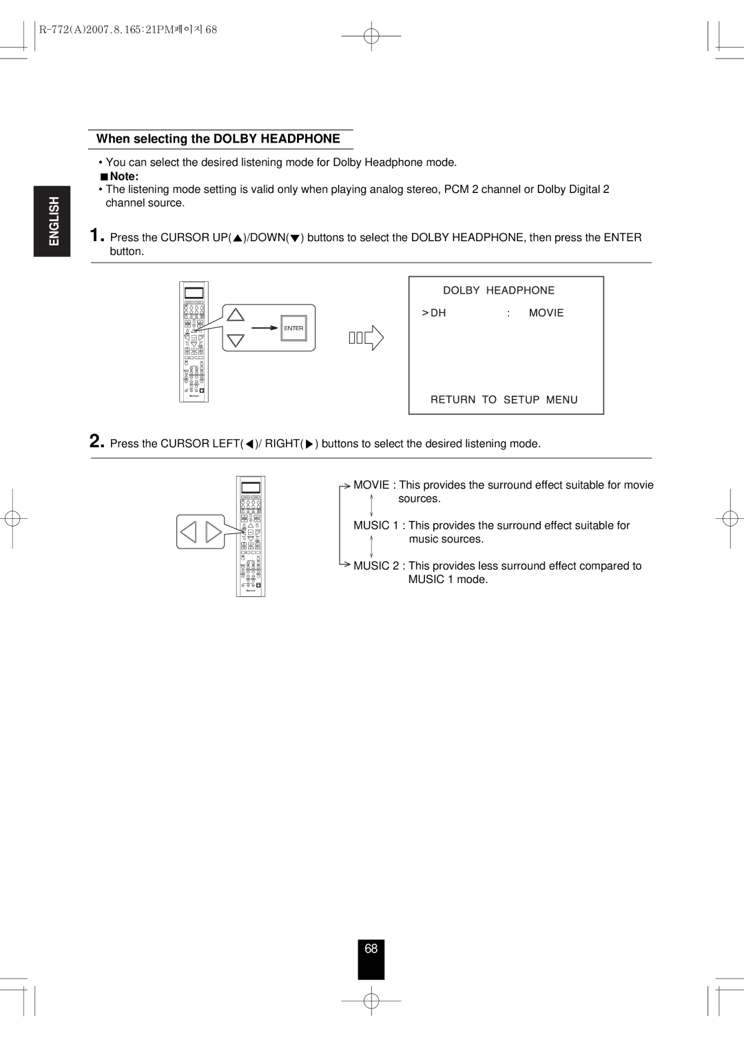 Sherwood R-772 manual When selecting the Dolby Headphone 