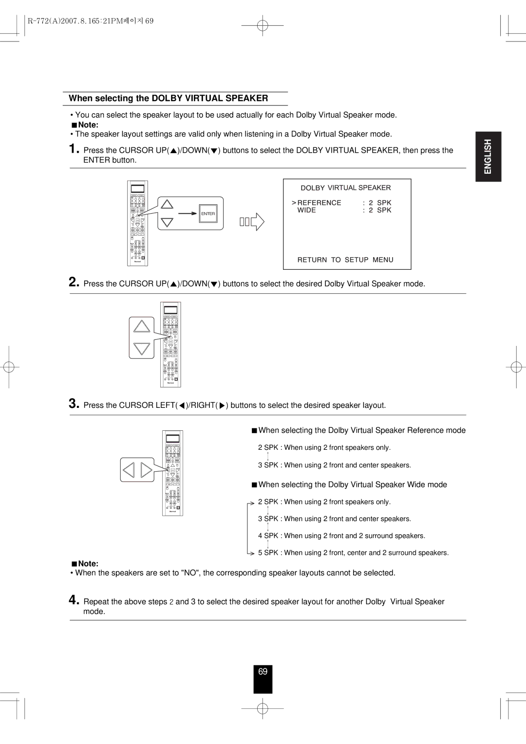 Sherwood R-772 manual When selecting the Dolby Virtual Speaker Wide mode 