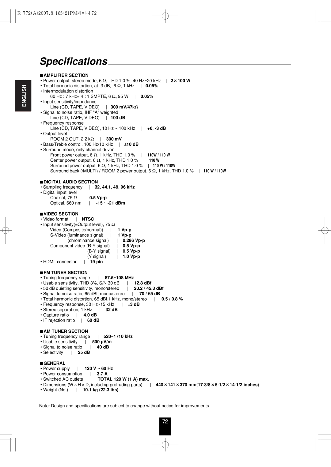 Sherwood R-772 manual Specifications, Amplifier Section 