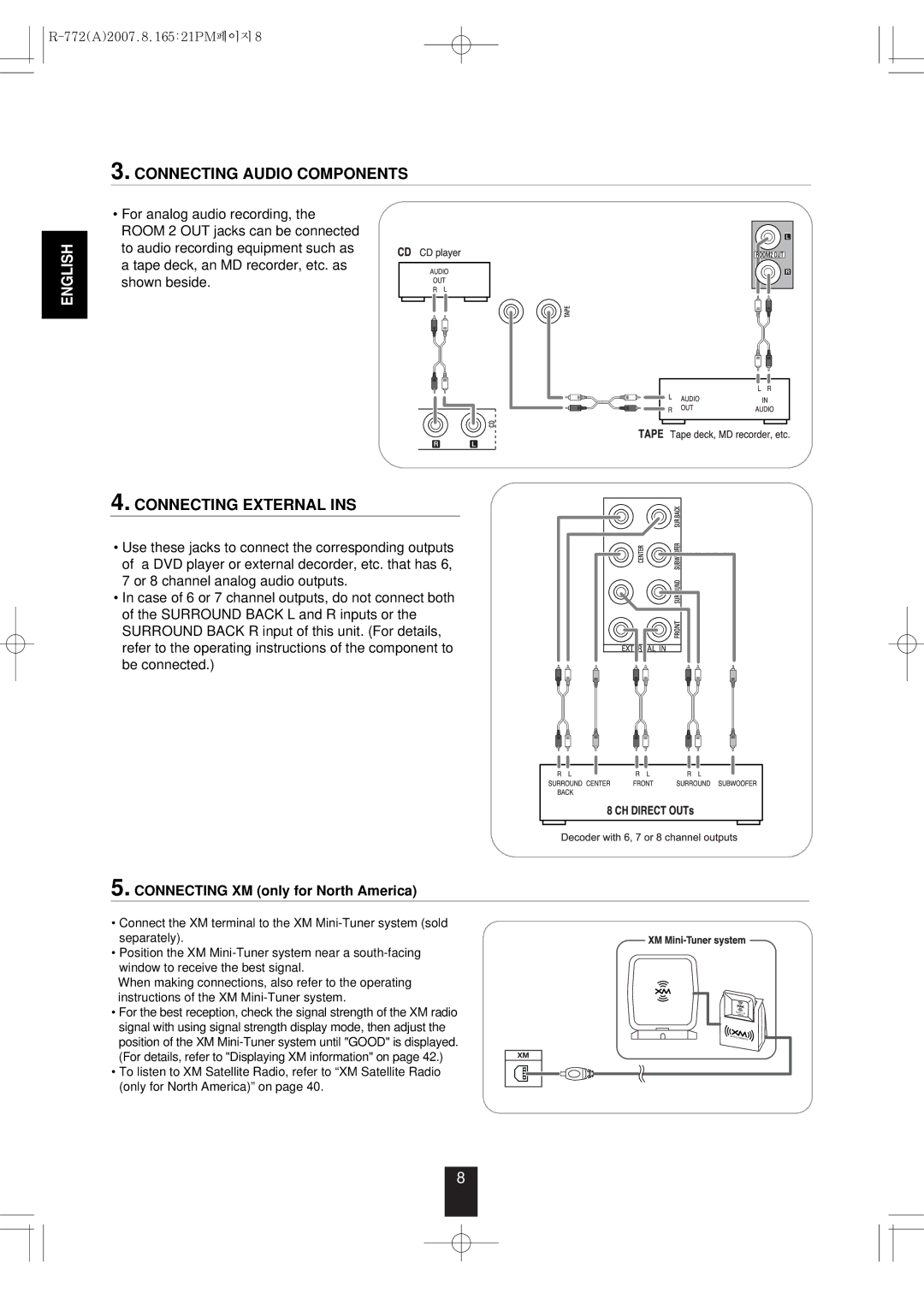 Sherwood R-772 manual Connecting Audio Components, Connecting External INS, Connecting XM only for North America 