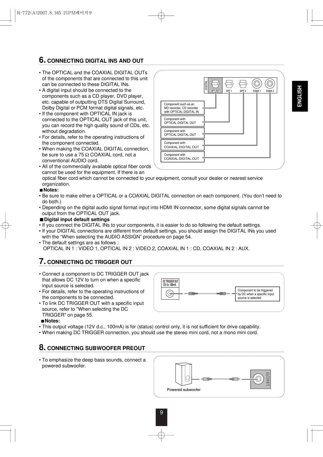 Sherwood R-772 manual Connecting Digital INS and OUT, Connecting DC Trigger OUT, Connecting Subwoofer Preout 