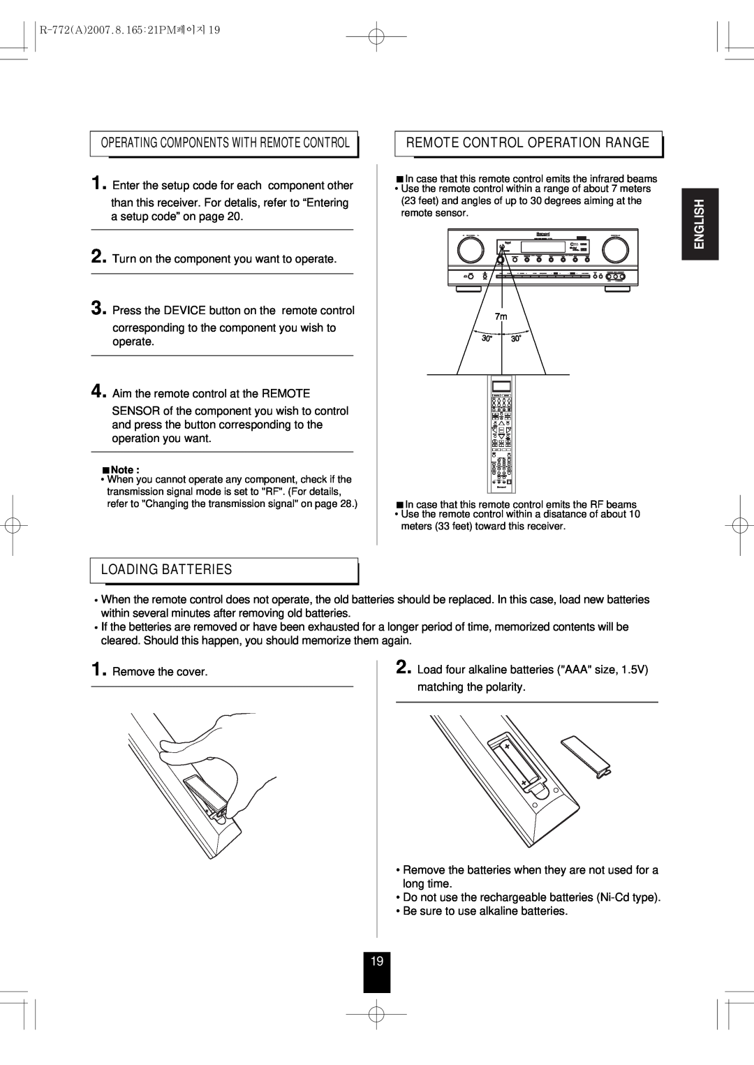 Sherwood R-772 manual Loading Batteries, Remote Control Operation Range, English 