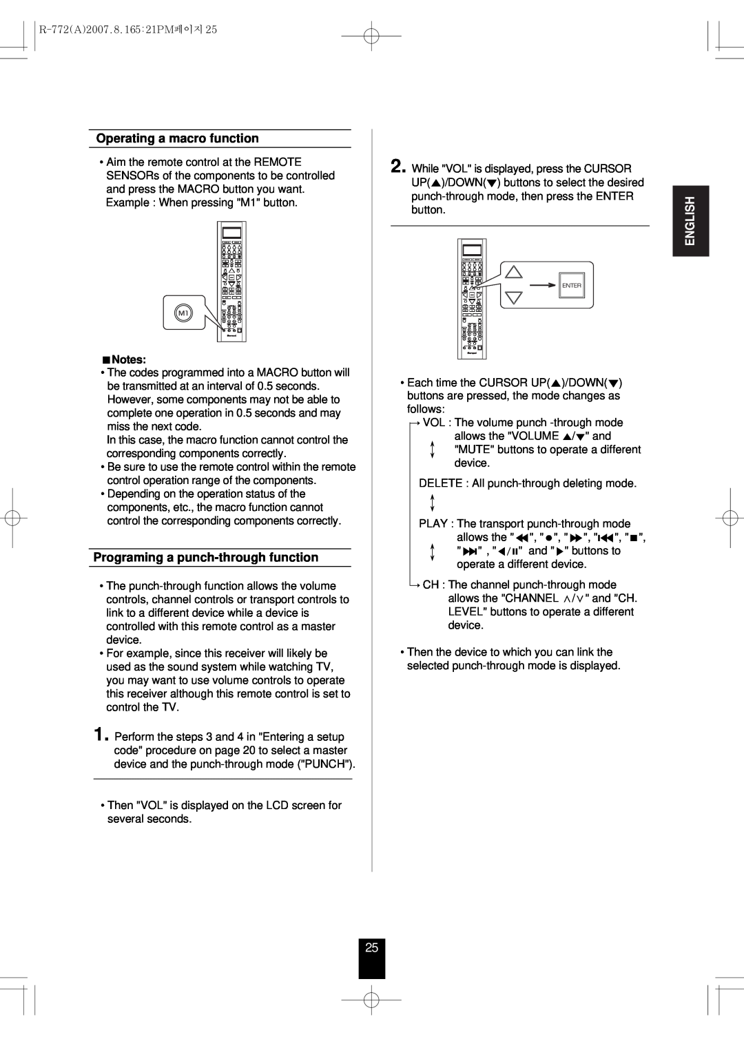 Sherwood R-772 manual Operating a macro function, Programing a punch-throughfunction, Notes, English 