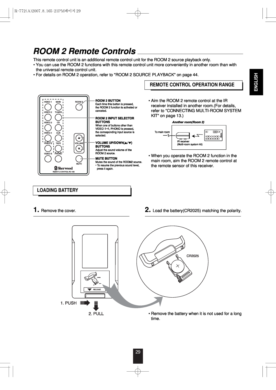 Sherwood R-772 manual ROOM 2 Remote Controls, Remote Control Operation Range, Loading Battery, English 